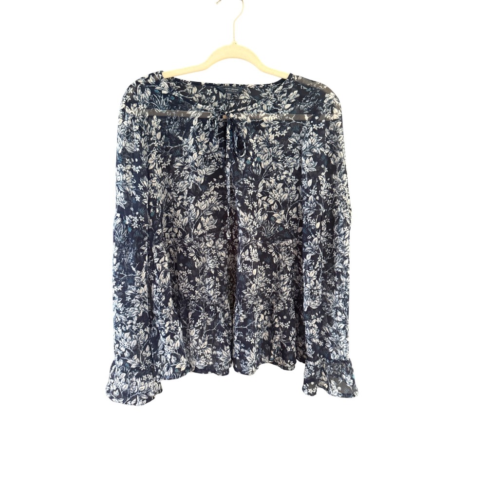 Lucky Brand Navy Blue White Floral Sheer Tie Neck Ruffle Cuff Blouse M Peasant